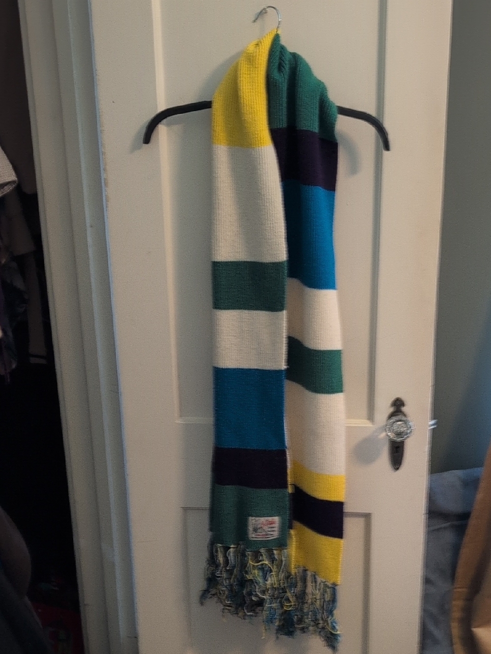 Striped Knit Scarf in Teal, Blue, Yellow, White